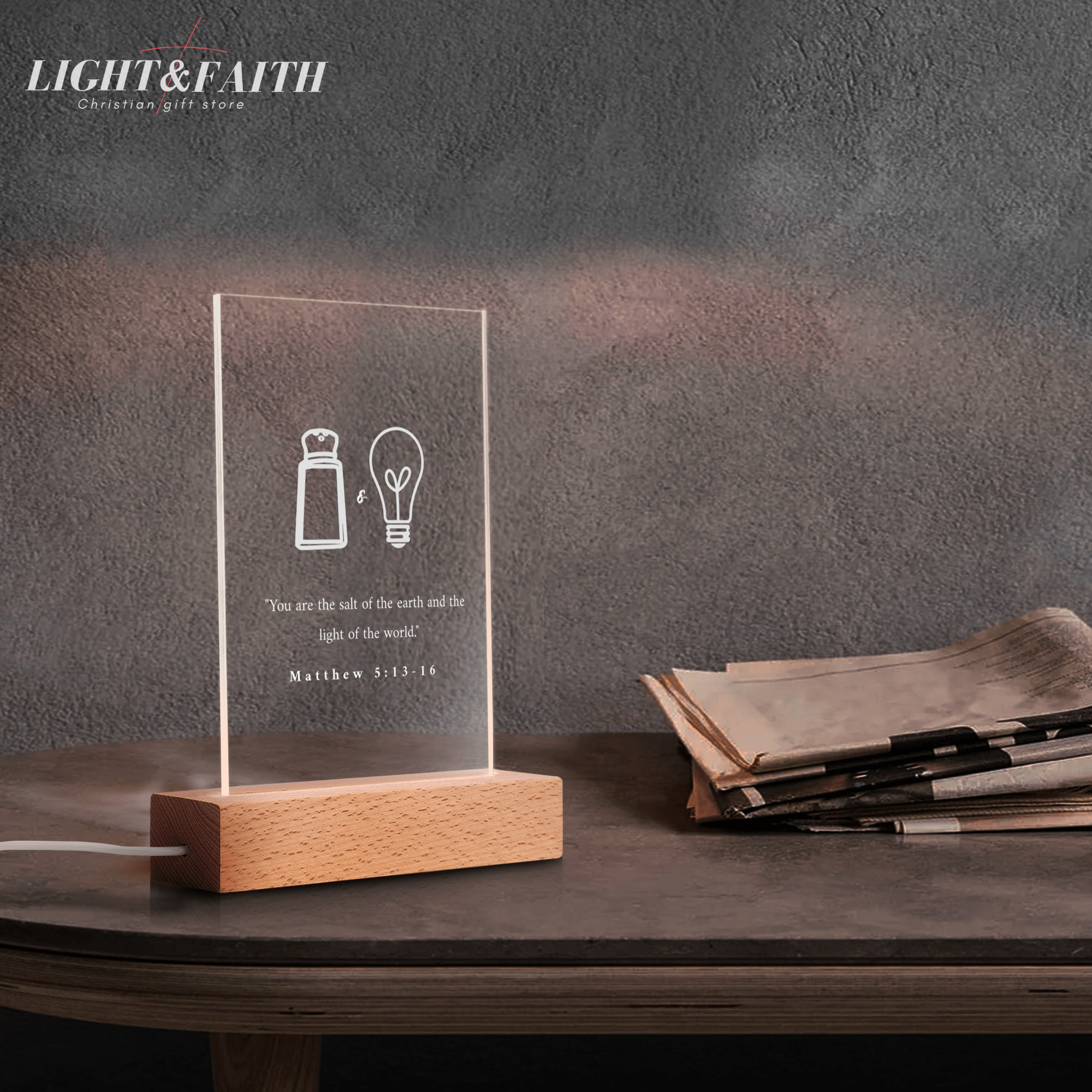 You Are The Salt Of The Earth And The Light Of The World LED Light - Matthew 5:13-16, Christian Bible Verse Lamp, Inspirational Acrylic Night Light, Religious Home Decor, Faith Gift for Believers. NLLAF49